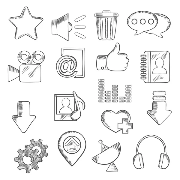 Social media and multimedia icons, sketch style — Stok Vektör