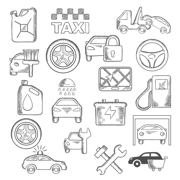 Iconos de coches, mecánicos y de servicio — Vector de stock