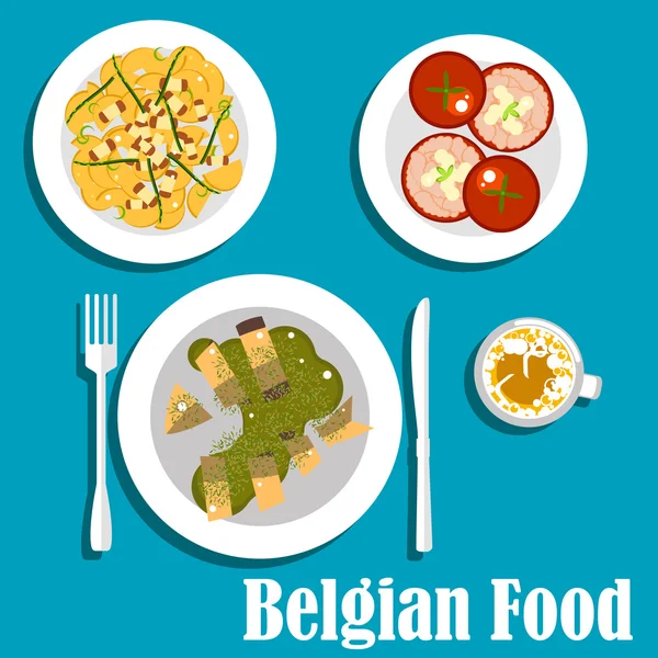 Belgian cuisine with eel fish and hot salad — 스톡 벡터