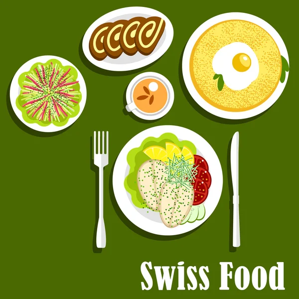 Schweizer Küche mit Rosti, Fisch und Schokorolle — Stockvektor