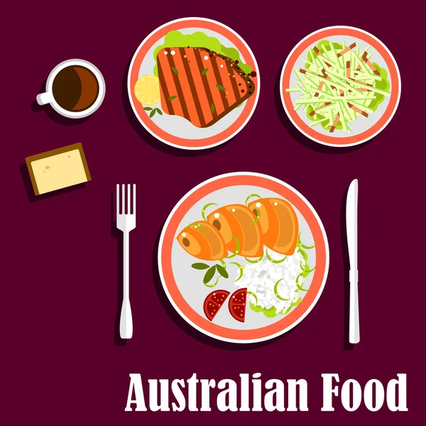 Australian cuisine with fish, meat and salad — стоковий вектор