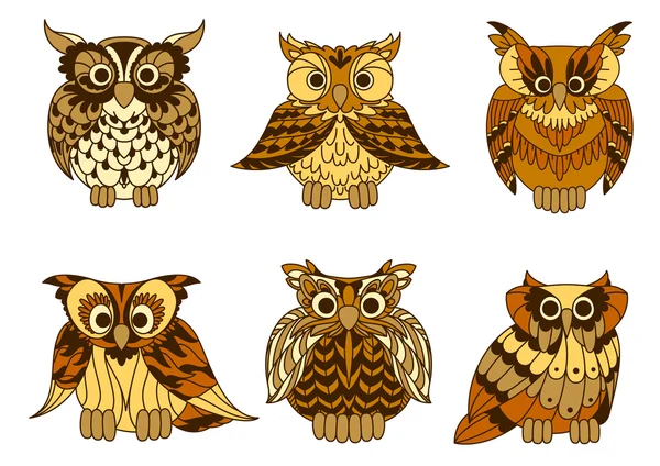 Great horned owls with mottled brown plumage — Stock Vector