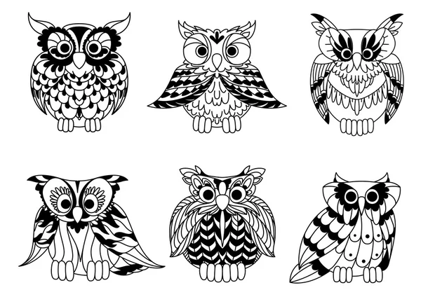 Cartoon outline owl birds set — Stock Vector