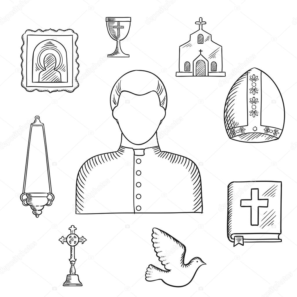 Priest and religious icons or symbols, sketch