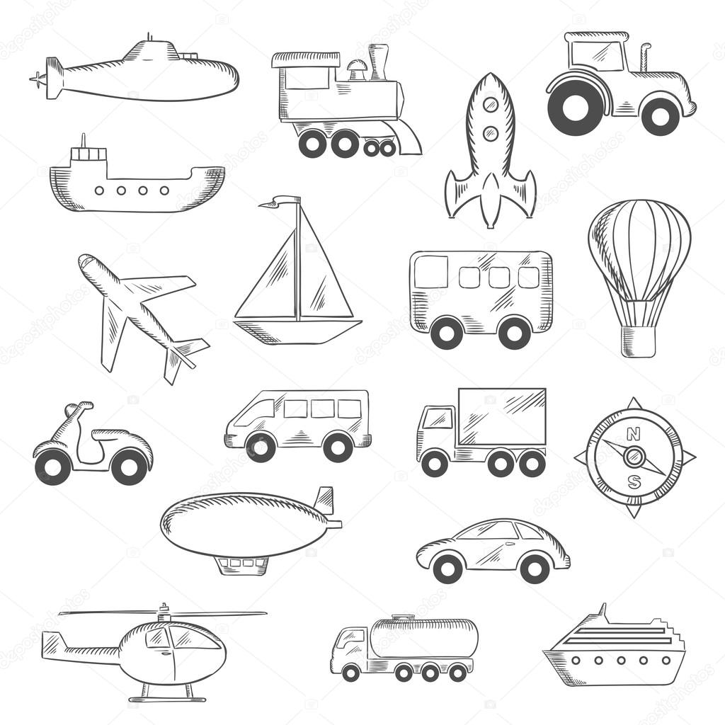 Set of isolated sketched transportation icons