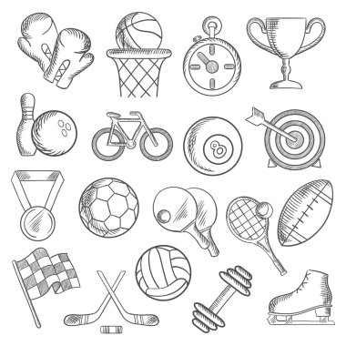 Sport and fitness sketch icons of game items