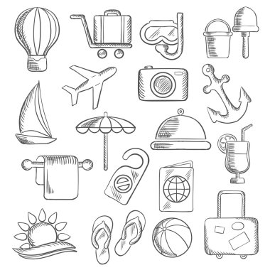 Travel, journey and leisure sketch icons