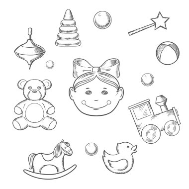 Childish icons with girl and toys