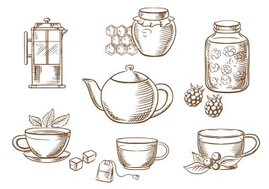 Tea icons with jam, honey, cups and teapots