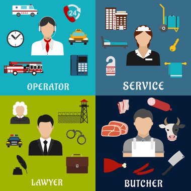 Phone operator, lawyer, maid and butcher icons