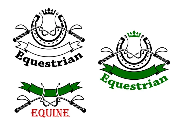 Emblèmes du sport équestre avec fouets et fers à cheval — Image vectorielle