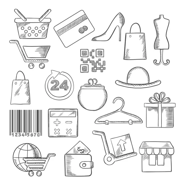 Shopping, business and commerce sketch icons — Διανυσματικό Αρχείο