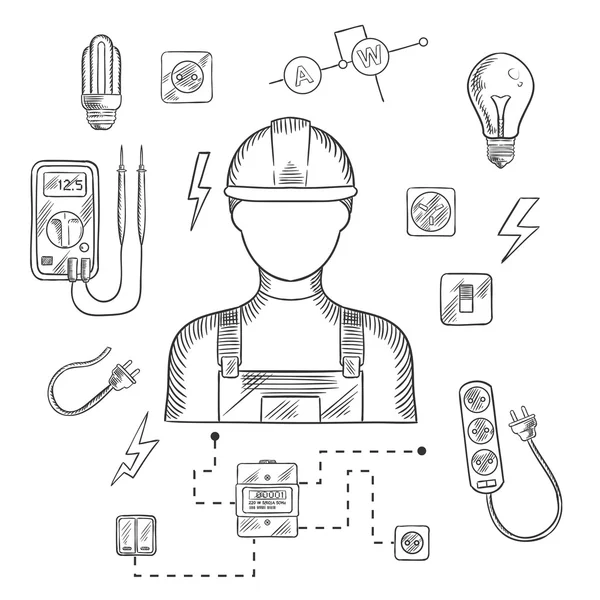 Eletricista profissional com ferramentas e equipamentos —  Vetores de Stock