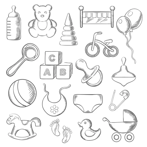 Baby, childhood and childish sketched icons — Stock Vector