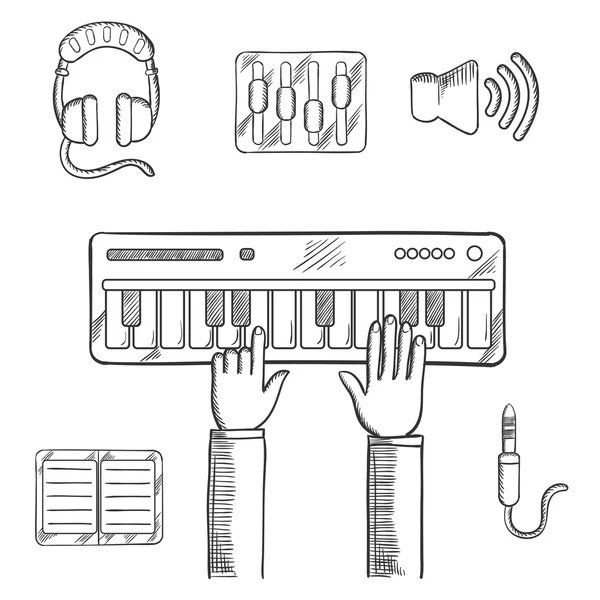 Grabación de sonido e iconos musicales bosquejo — Vector de stock