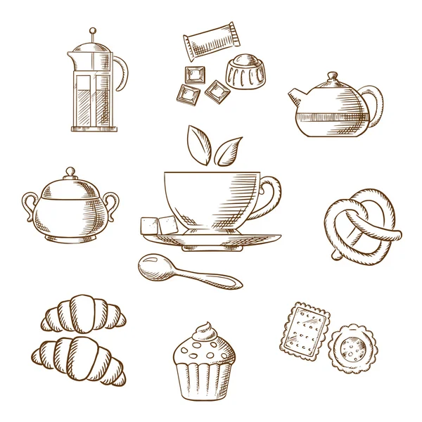 Tea and dessert pastry sketch — Stock Vector