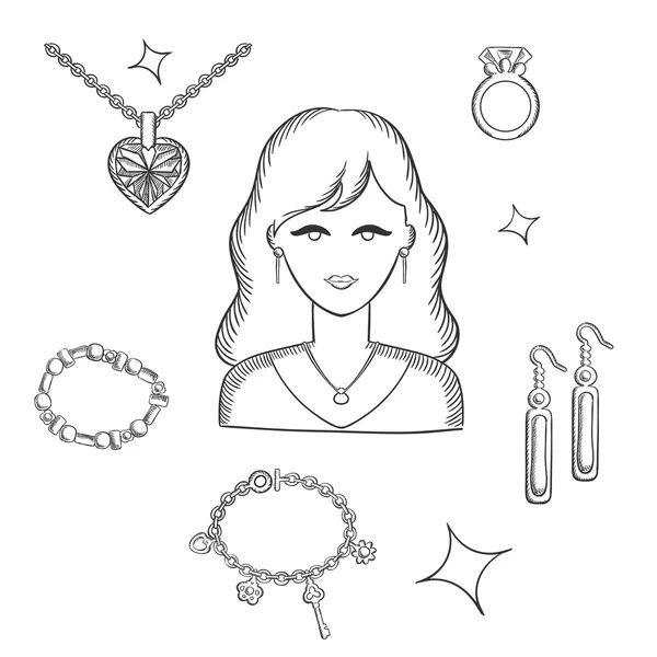 Moda de mujer con joyas y oro — Vector de stock