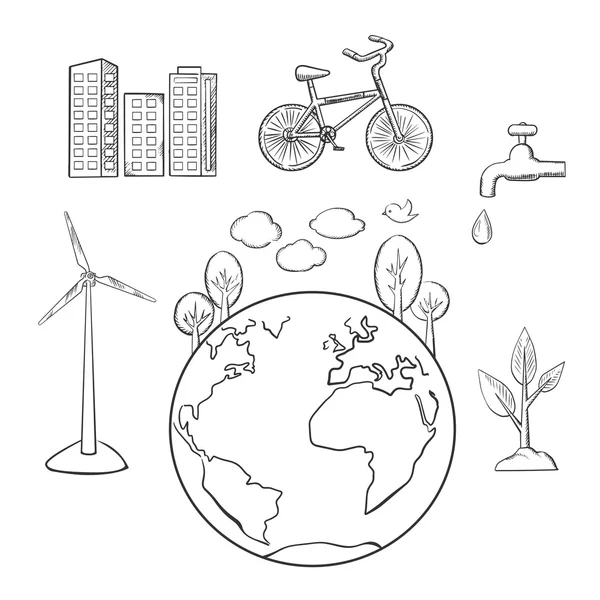 Environment, green energy and ecology sketches — Stock Vector