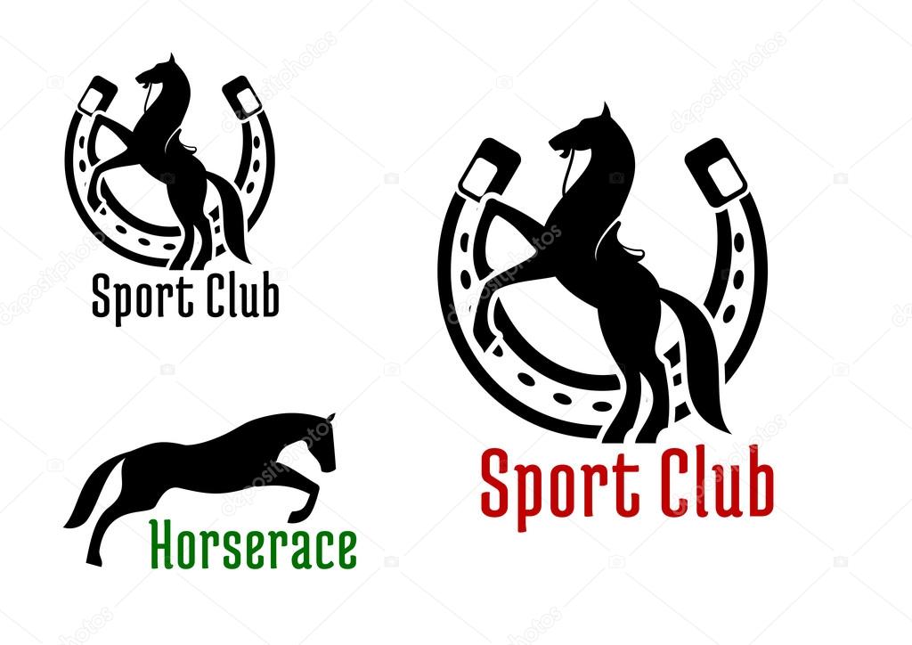 Graceful jumping and rearing horses black silhouettes with horseshoe on the background. For equestrian club or horse race sport design