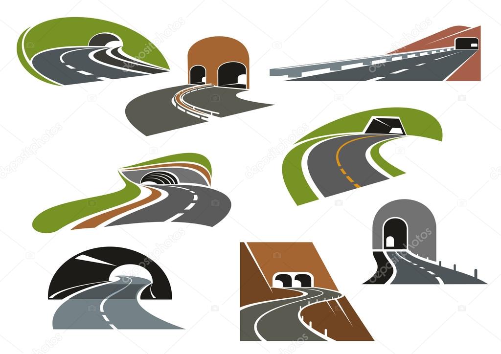 Road tunnels symbols for travel, car trip and transportation design. Colorful icons of underpass freeways and mountain highways leading to tunnels with decorative arched and square entrances