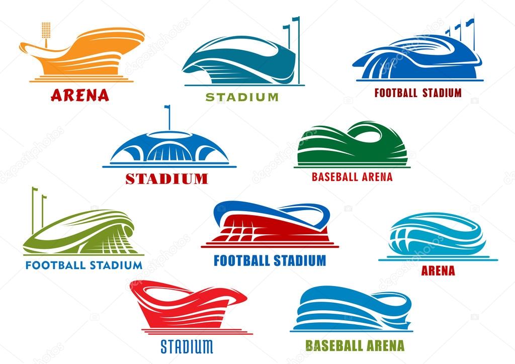 Sport stadiums icons with public buildings of football, soccer, basketball, baseball and ice hockey sporting competition. Sport arena icons or architecture design element