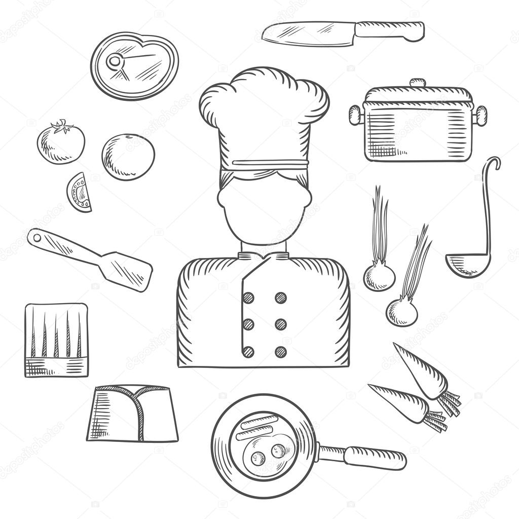 Chef with kitchen and food icons