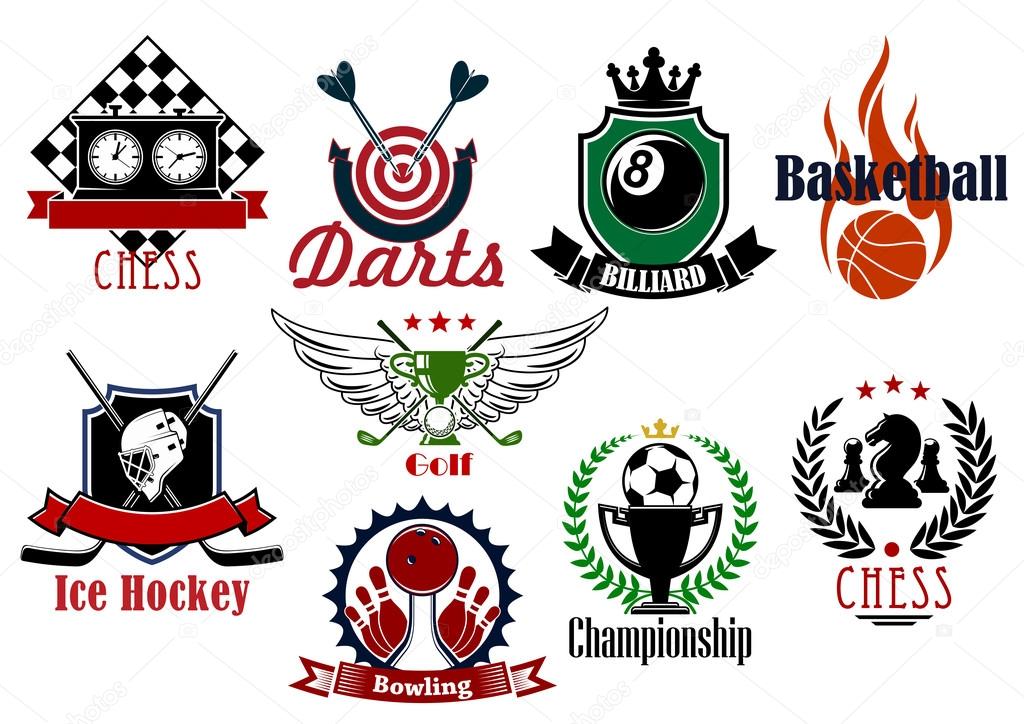 Football or soccer, basketball, ice hockey, golf, darts, bowling, chess and billiards sporting items, trophies and heraldic symbols. For sports games and teams design