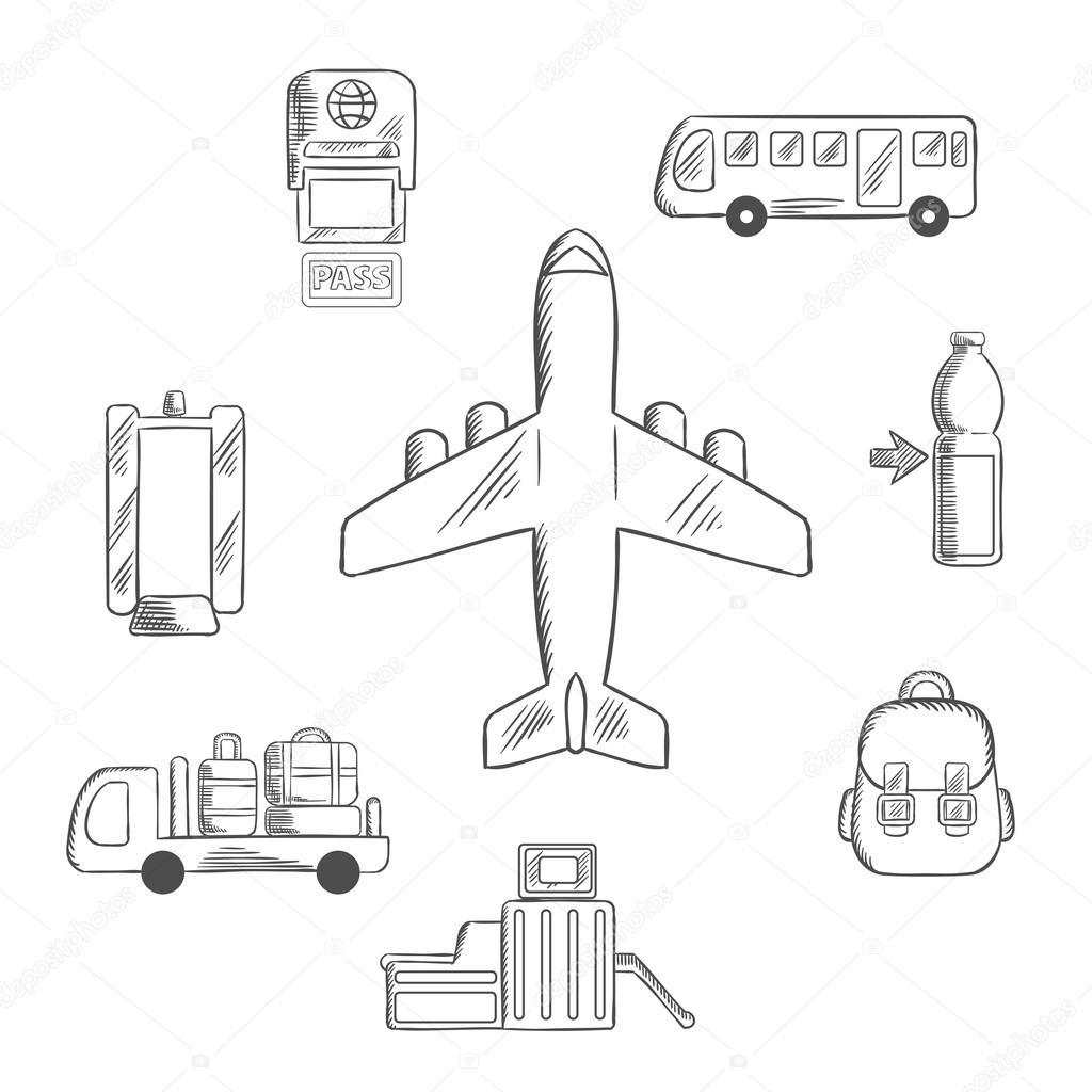 Airport service and aviation sketch icons