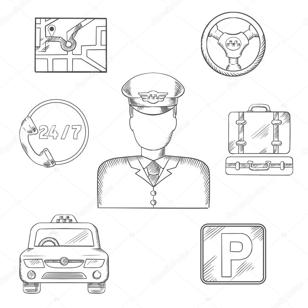 Taxi driver and service icons, sketch