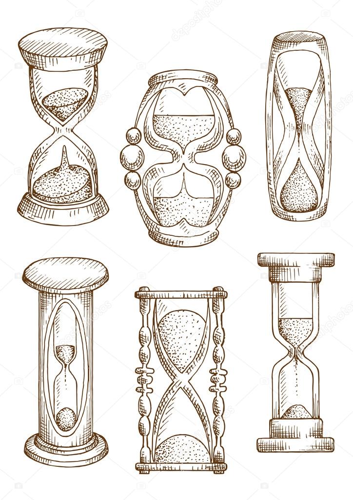 Hourglasses and sand glasses sketch icons of vintage sand clocks in wooden carved stands and modern sand timers with plastic covers. Sketched sandglasses for time, deadline theme or retro design