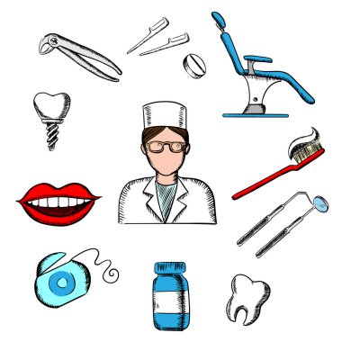 Dentistry medicine with dentist and objects