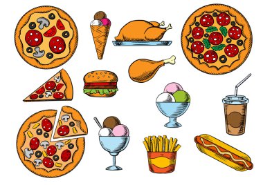 Fast food, drinks and desserts menu snacks