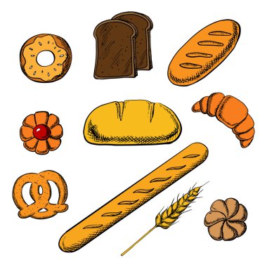 Bakery icons with bread and pastry
