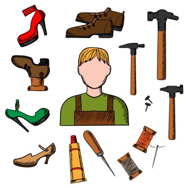 Shoemaker with tools and shoes