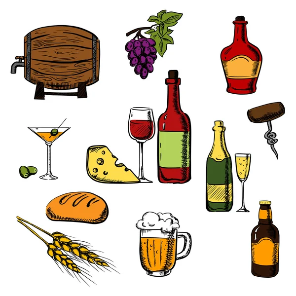 Bebidas alcohólicas, bebidas y alimentos — Vector de stock