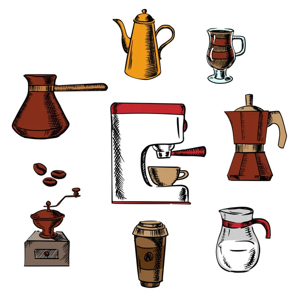 Coffee icons around the coffee machine — Stock Vector