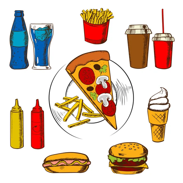 Fast Food Snacks, Dessert und Getränke — Stockvektor