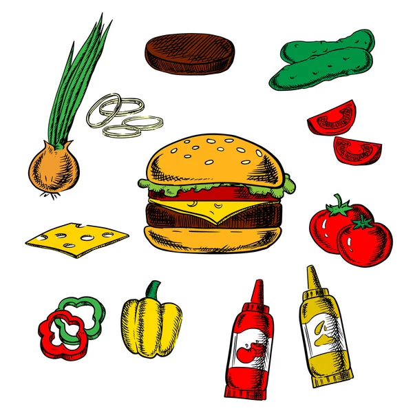 Sabroso concepto de hamburguesa con ingredientes — Vector de stock