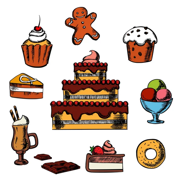 Desserts with cake and confectionery — Stockvector