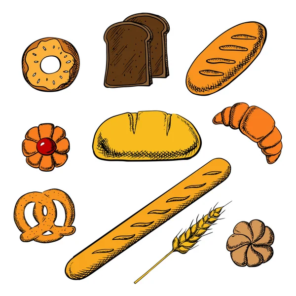 Ícones de padaria com pão e pastelaria — Vetor de Stock