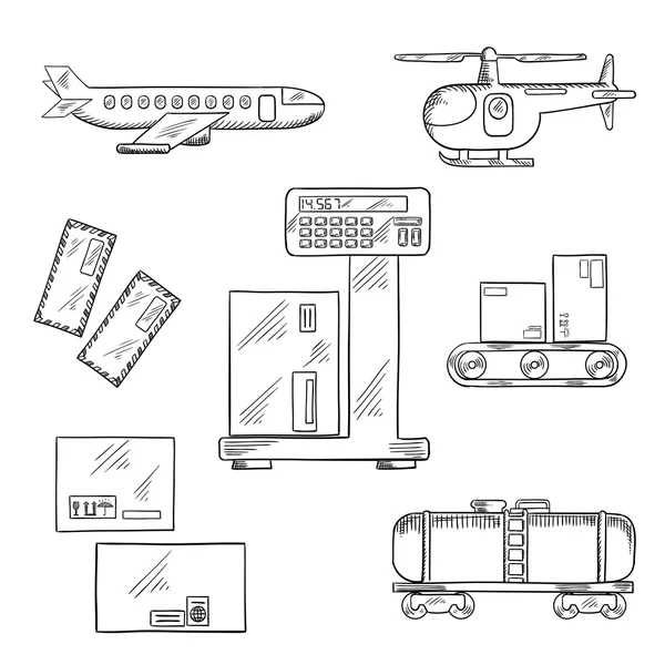 Iconos de servicio de entrega aérea y ferroviaria — Vector de stock
