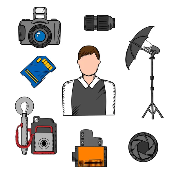 Fotógrafo, equipamentos e ícones de itens —  Vetores de Stock