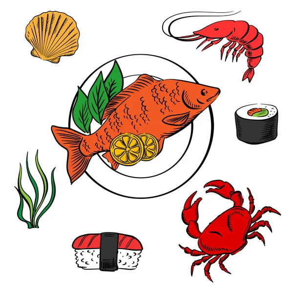 Seafood with fish, sushi, crab and shrimp — Stock Vector