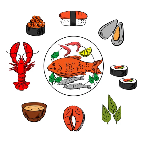 Seafood, fish and condiment elements — 图库矢量图片