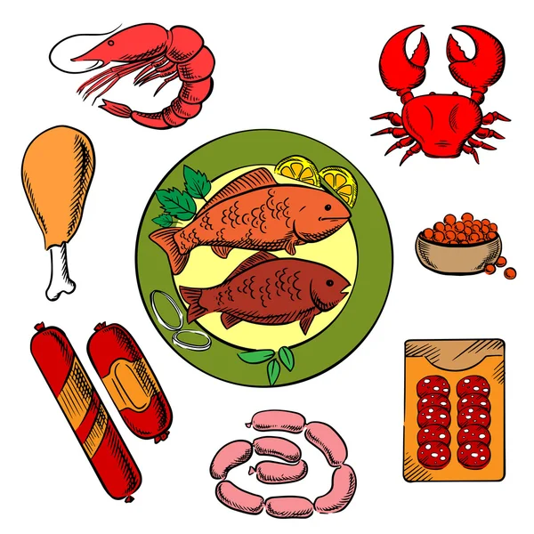 Seafood, chicken and meat food — Stok Vektör