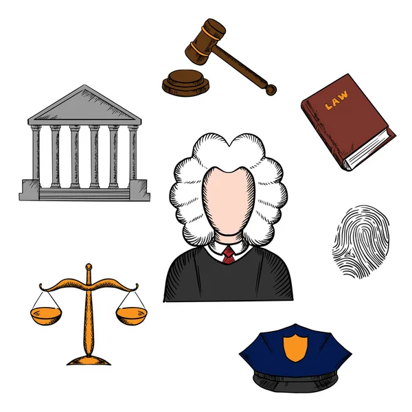 Iconos de ley, juez y justicia — Archivo Imágenes Vectoriales