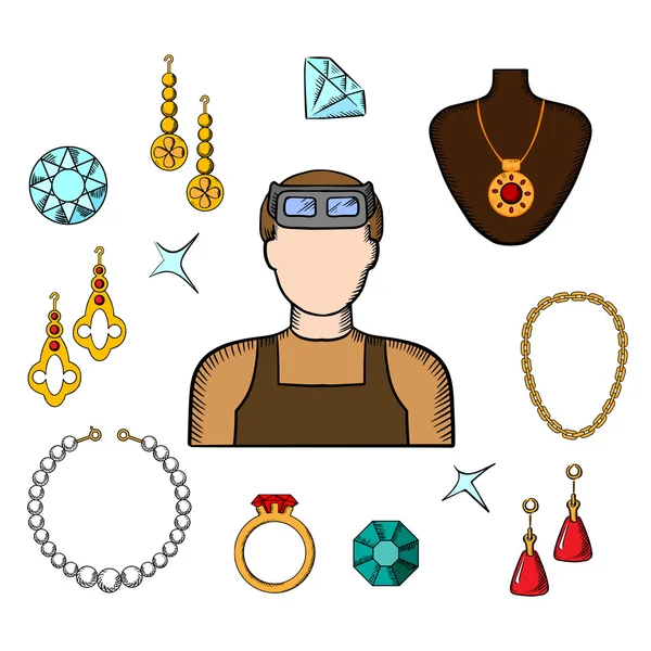 Jeweler and goldsmith with jewelries — Stock Vector