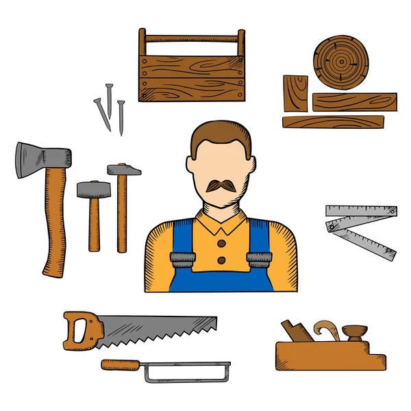 Carpenter with timber and tools — 图库矢量图片