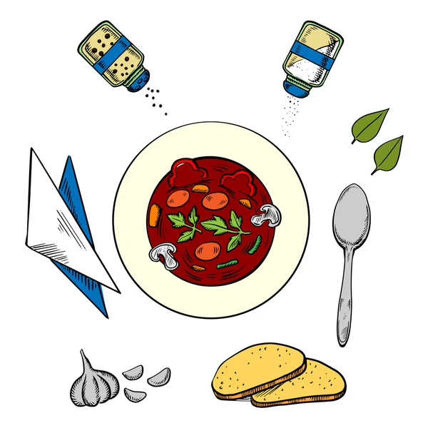 Tigela de sopa quente com pão e condimentos —  Vetores de Stock