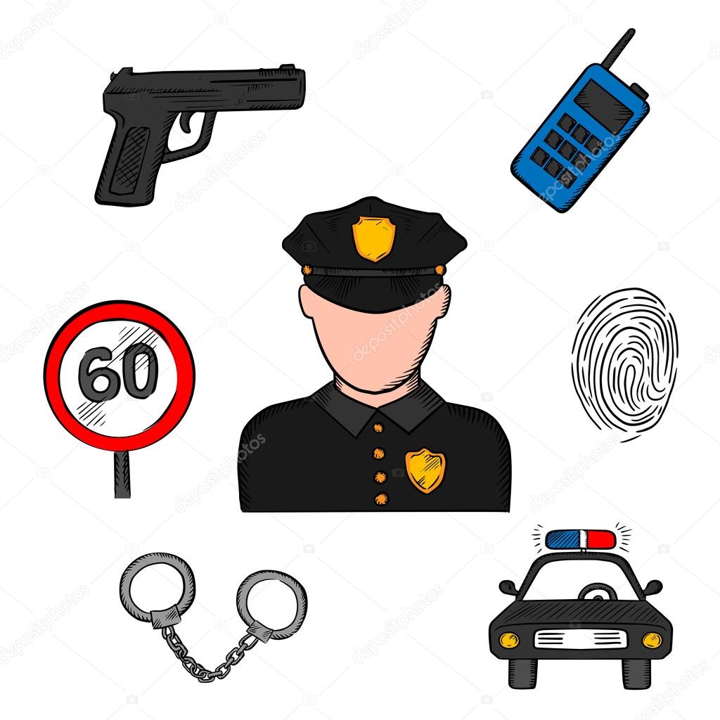 Policeman in uniform and police icons